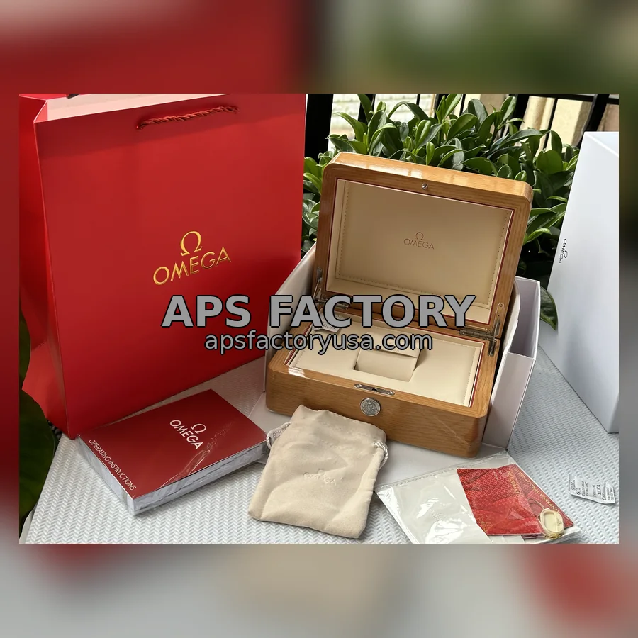 Omega wooden box with red bag and papers